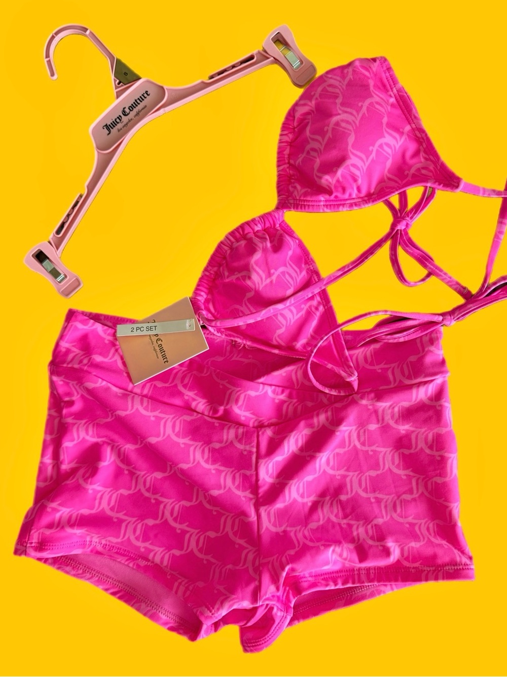 💖 Juicy Couture Rhinestone Tri Boyshort Bikini Set – Pink Monogram – Size S 💖